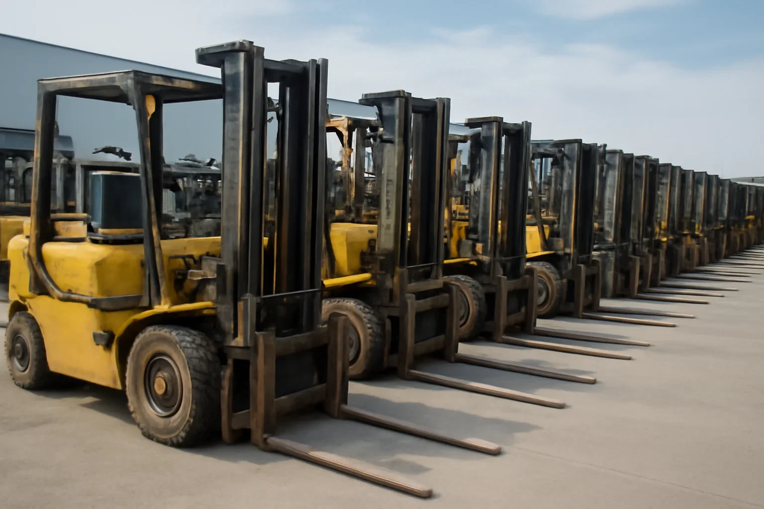 Rows of used forklifts staged in a clean industrial yard